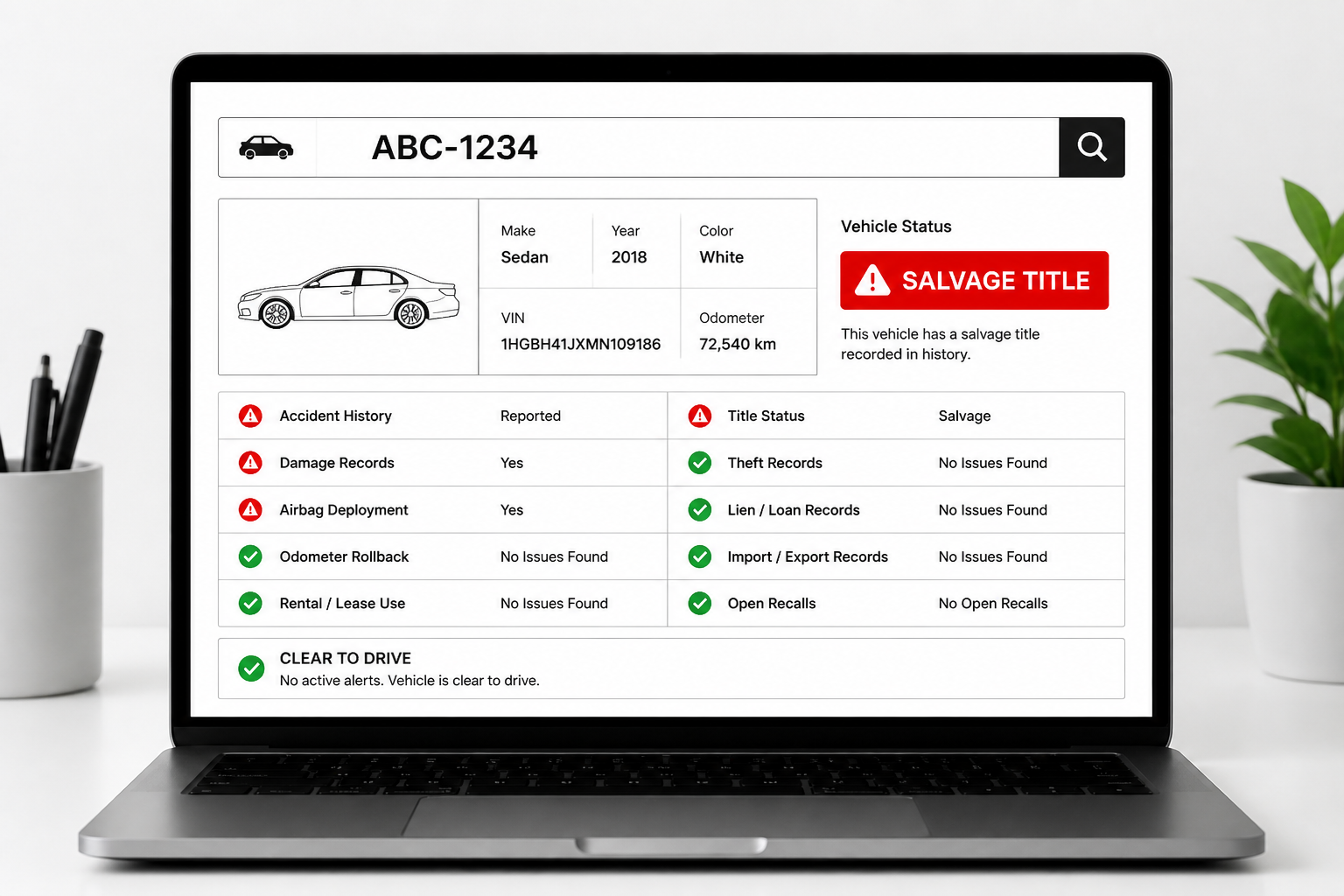 relatório e interface que o usuário recebe, com placa, status e lista de pendências